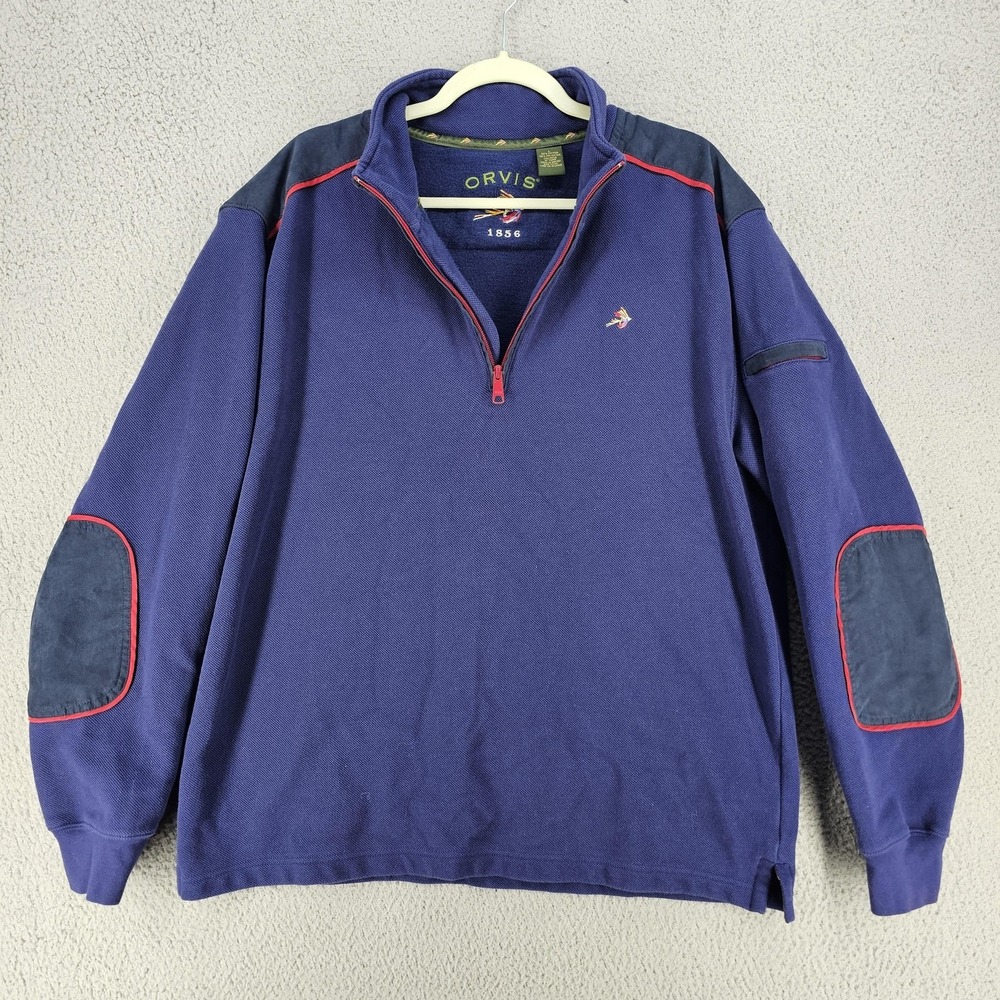 Orvis Sweatshirt Mens Large Blue 1/4‎ Zip Mock Neck Pullover Elbow Patch